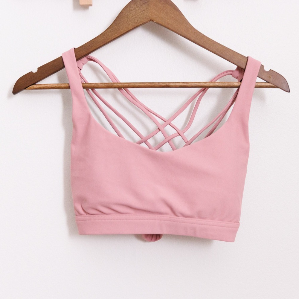 Senita Athletics Strappy Back Sports Bra Pink V-Neck Yoga Gym Top